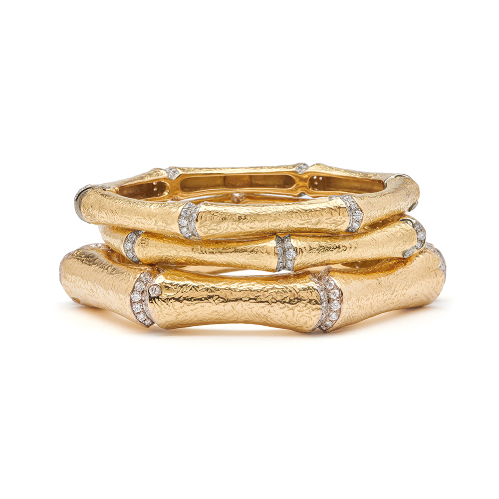 Small and Large Hinged "Bamboo" Bangles with Diamonds