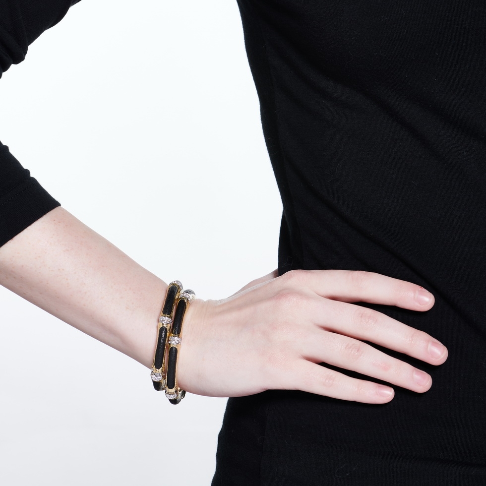 Carved Jet & Diamond "Bamboo" Bracelet B-1258_on_model.jpg