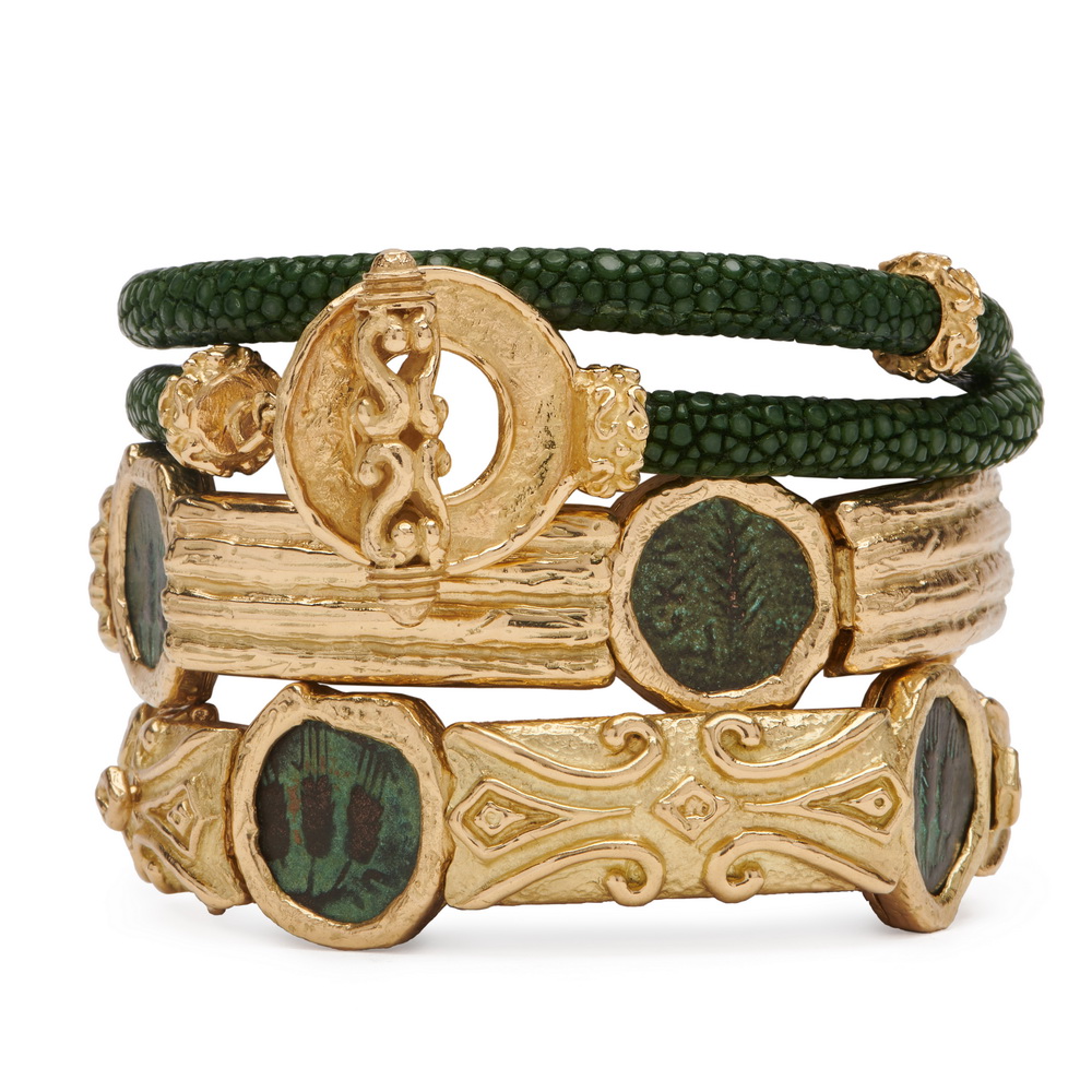 "Sapin" Double Wrap Stingray Bracelet with Large "Column" & "Laura" Ancient Coin Bangles