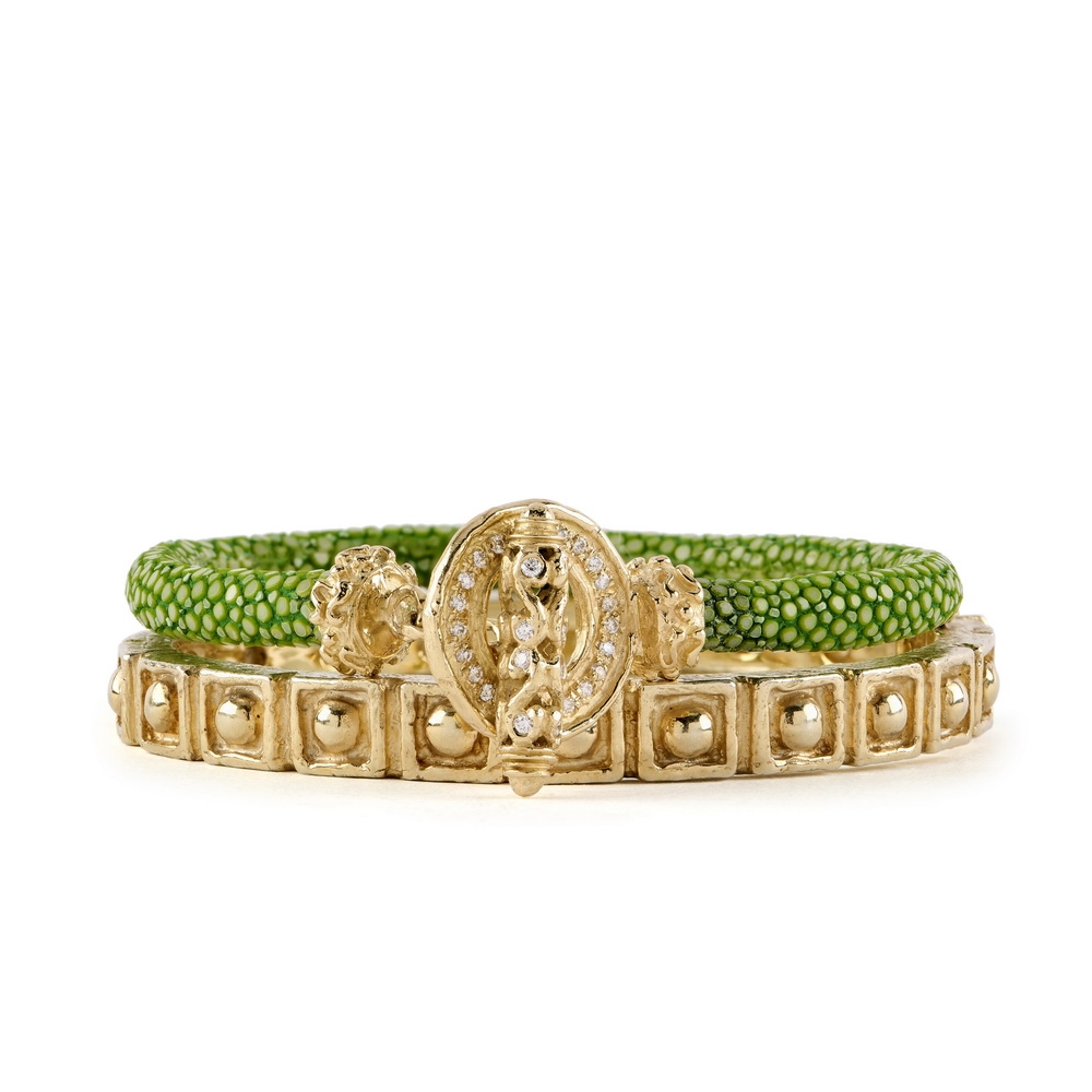 Spring Green Stingray Bracelet with Small Diamond Mimi Toggle Clasp B-1400_B-1243,_Dia,_Spring_Green_Stngry_Brclt_w_Sm_Mimi_Toggle_Clasp,_Med_“E2”_Bangle.jpg