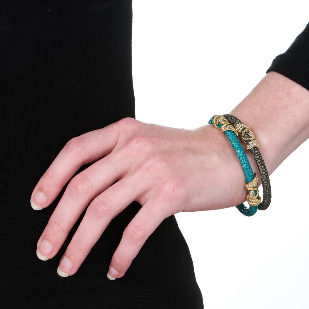 "Turquoise" and "Steel" "Foglie" Stingray Bracelets with Diamonds B-1426_B-1435_on_model.jpg