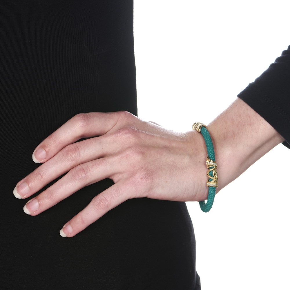 "Turquoise" and "Steel" "Foglie" Stingray Bracelets with Diamonds B-1426_on_model_(m).jpg