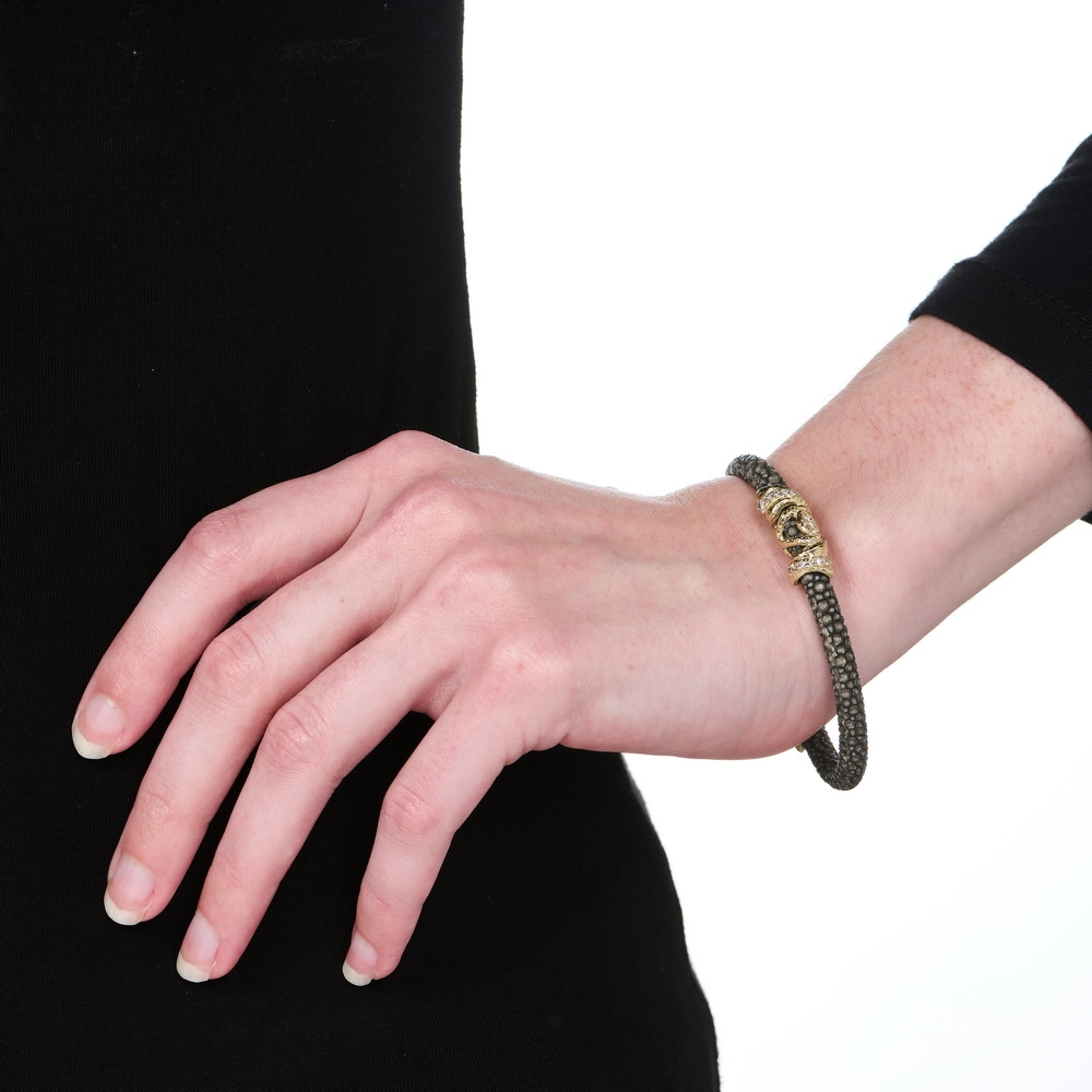 "Turquoise" and "Steel" "Foglie" Stingray Bracelets with Diamonds B-1435_on_model.jpg