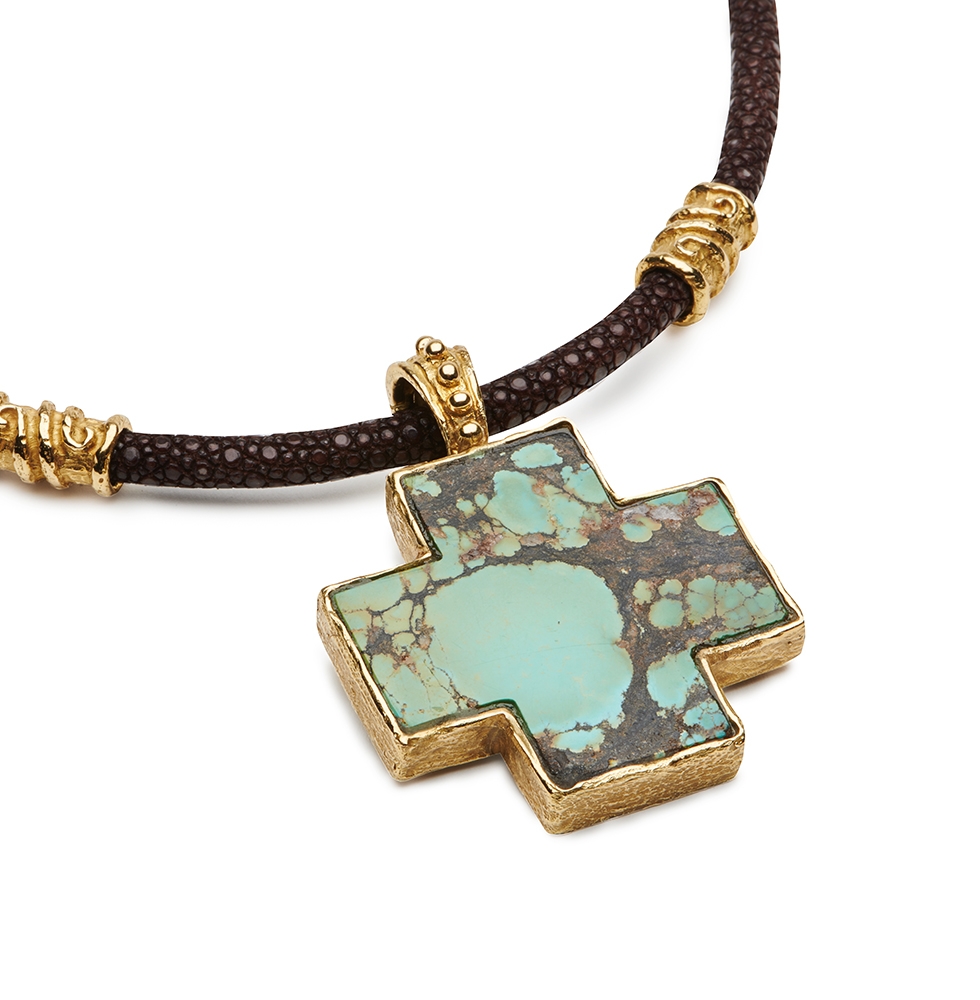 Turquoise Cross Pendant D-1140-13069_N-1592_(a)_18k_yg_Turquoise_Cross_Pendant_on_5mm_Brown_Stingray_Cord_Necklace_with_Gold_Sleeves_and_Magnetic_Clasp.jpg