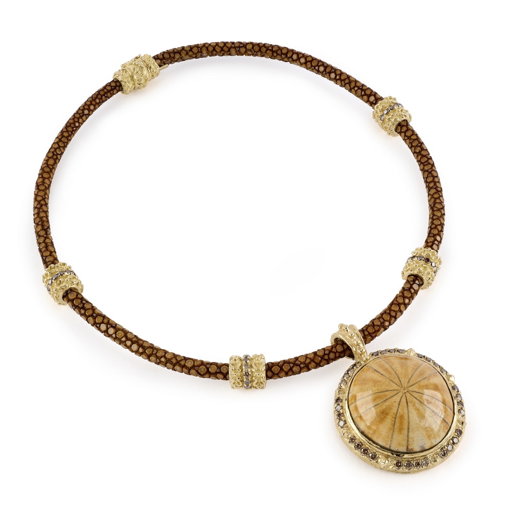 Fossilized Sea Biscuit and Cognac Diamond Pendant D-1270-17096_on_N-2343,_Fossilized_Sea_Biscuit_Cgnc_Dia_Pndnt_on_Mustard_Stngry_w_Cgnc_Dia_Dble_Laura_Rndlles_Clsp.jpg