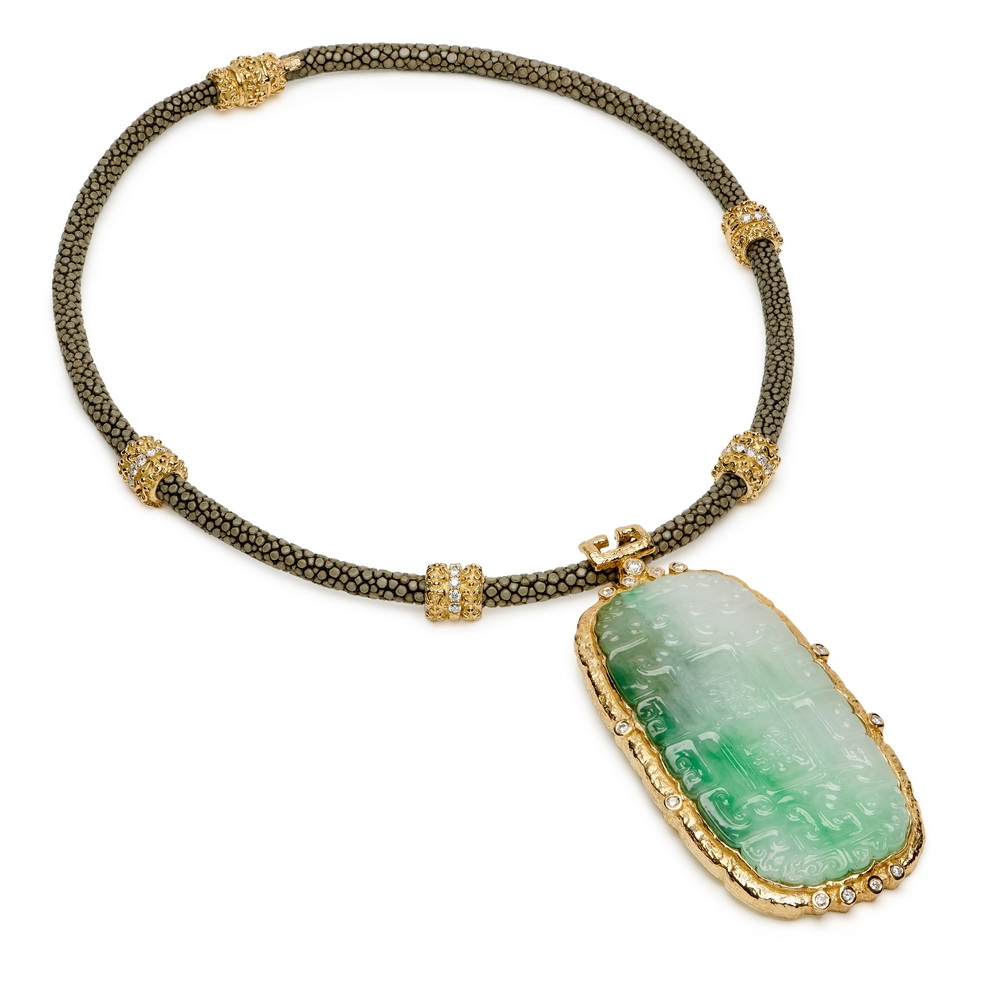Carved Green Jade and Diamond Pendant with Square Bail D-1382-15199_N-1772_Carved_Grn_Jade_Dia_Pendant_on_Gray_Stingray_Neck_with_Dble_Dia_Laura_Rondelles.jpg