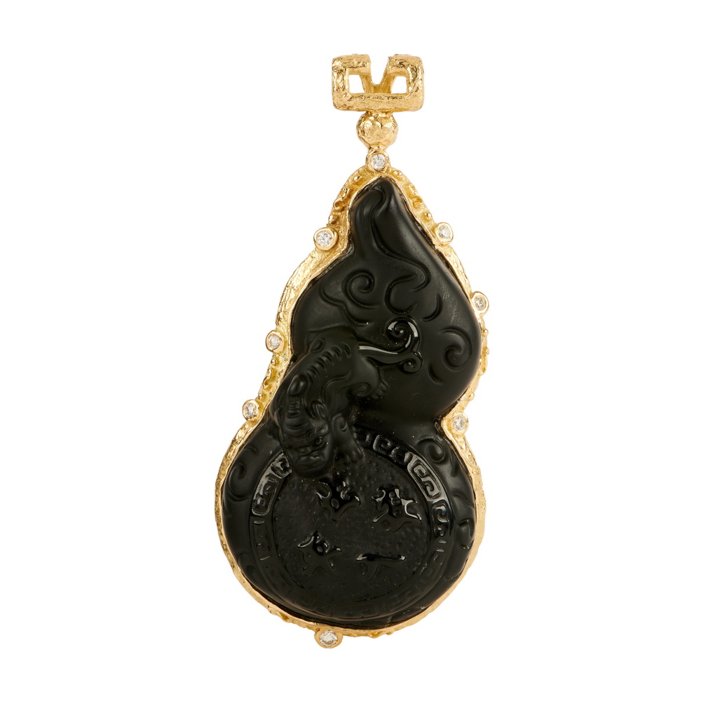 Large Carved Obsidian and Diamond Pendant