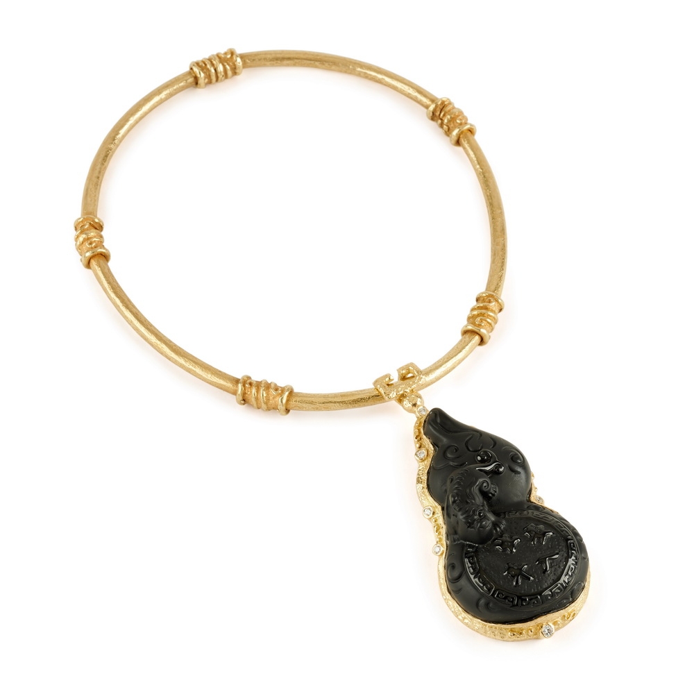 Large Carved Obsidian and Diamond Pendant D-1386-15419_N-1494_Lg_Obsidian_and_Dia_Pendant_on_Neck_Ring.jpg