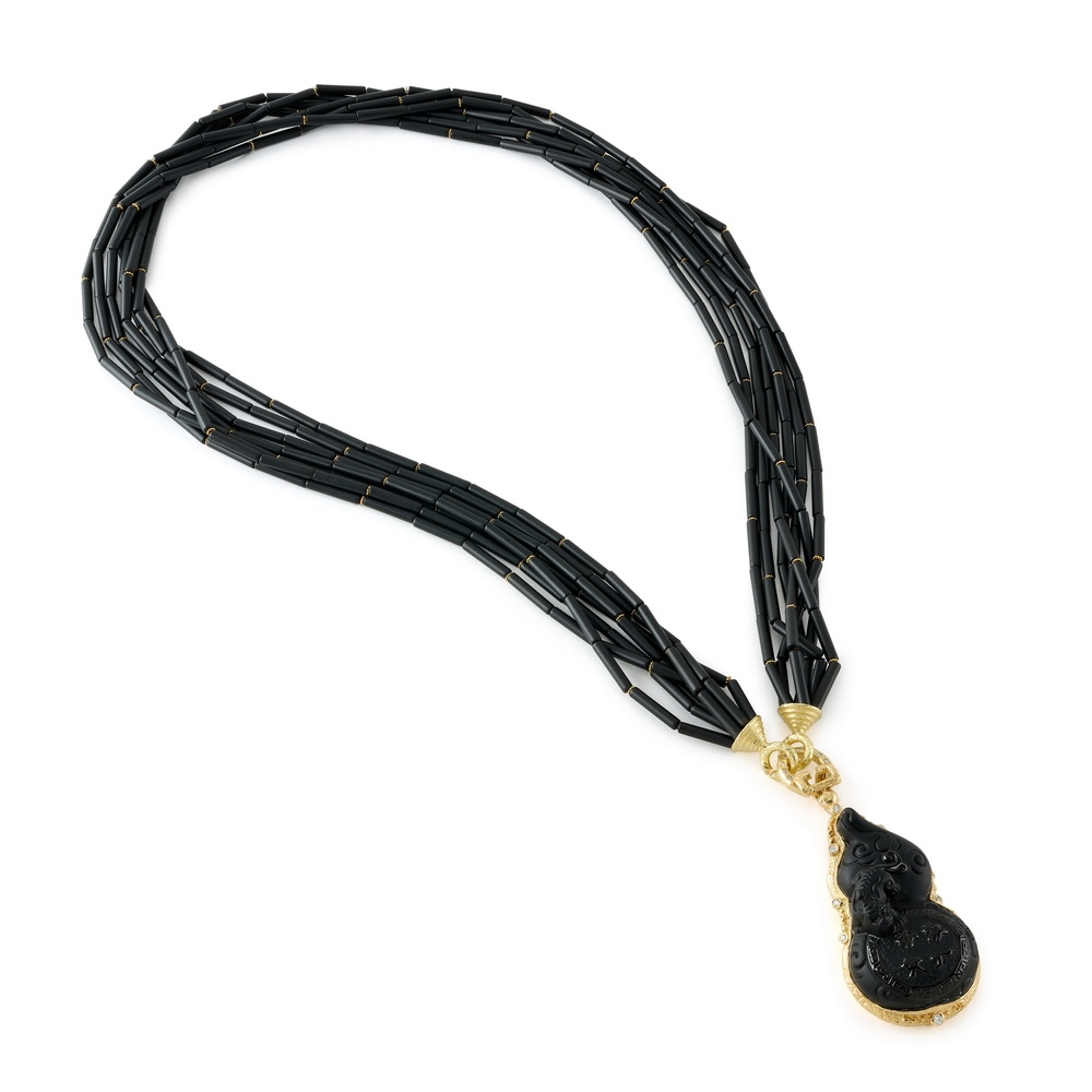 Matte Black Onyx Tube Bead Necklace with Rondelles D-1386-17750_on_N-2512-17766,_Lrg_Carved_Obsidian_Dia_Pndnt_Dia,_Matte_Black_Onyx_Tube_Bead_Neck_w_Rond,_Lrg_Dia_Circ_Lrg_Chinati_Wide_Bells_Clasps.jpg