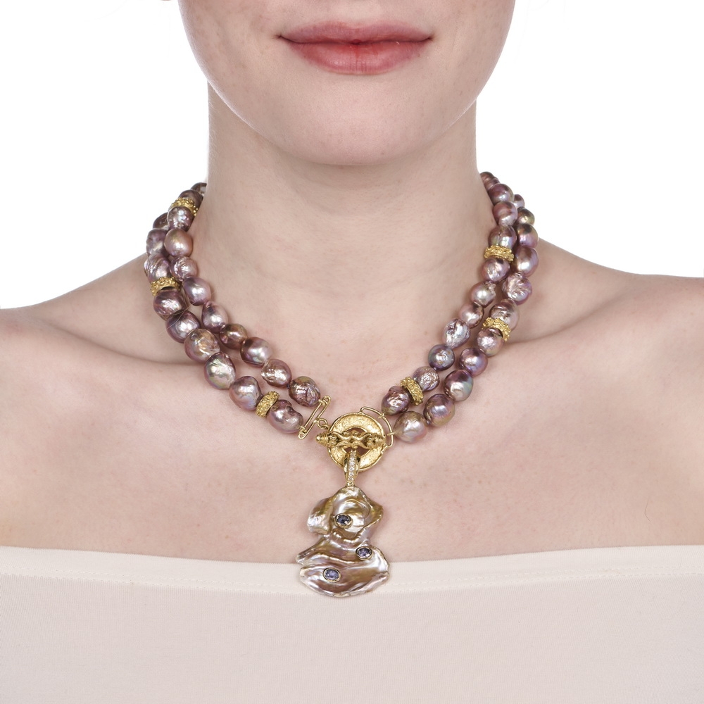 Double Strand Freshwater Purple Fireball Pearl Necklace with 