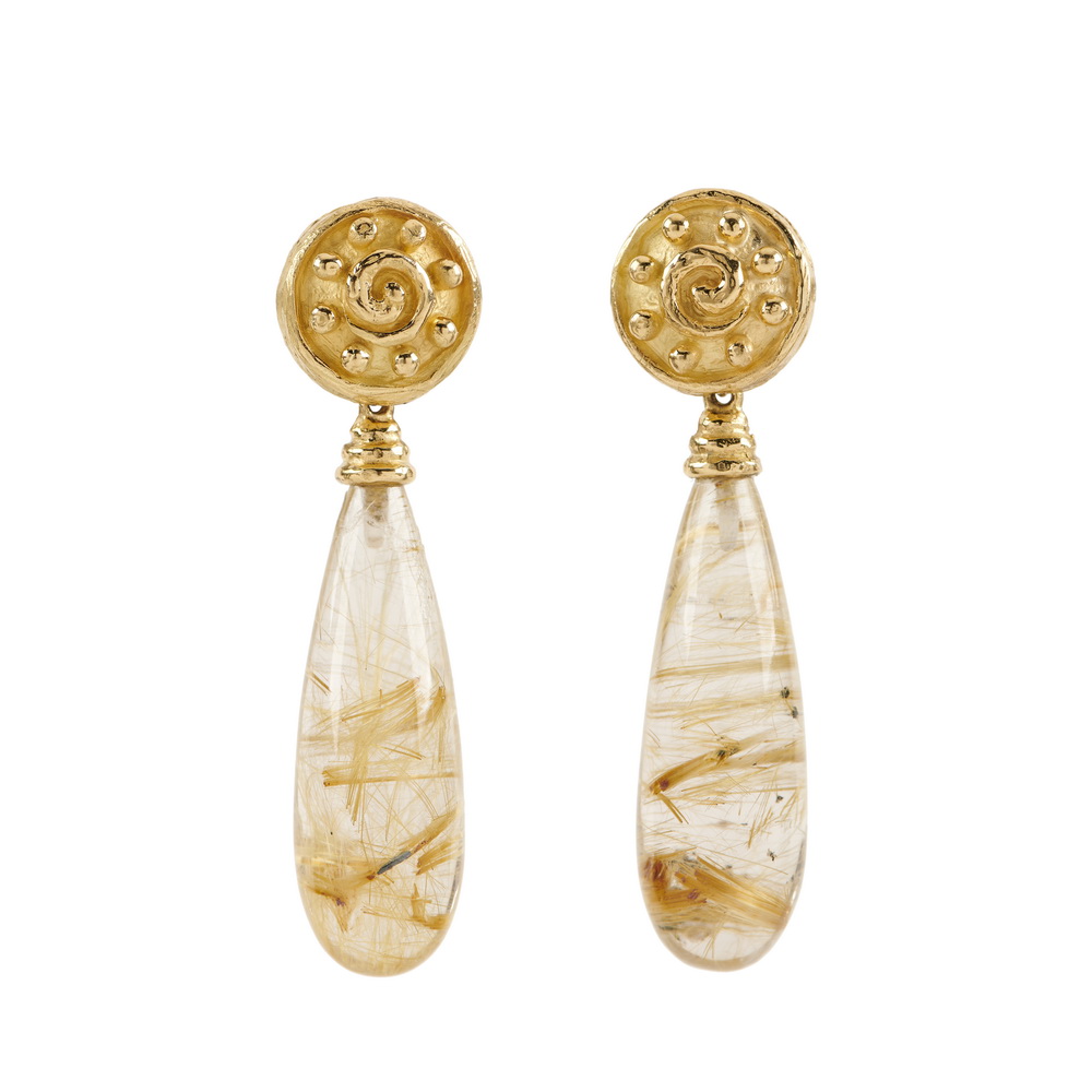 Rutilated Quartz Drops, on Small "Spirals & Dots" Earrings