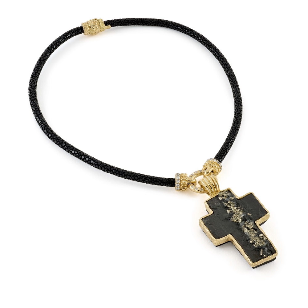 "Noir" Stingray Necklace with One Large Diamond Circle D-1426-16425_on_N-2233-16616,_Slate_Pyrite_“Cross”_Pendant_Dia._“Noir”_Stingray_Cord_Necklace_w_“Laura_Circ_.”_Magnetic_Double_“Laura”_Rondelle_Clasp_1.jpg