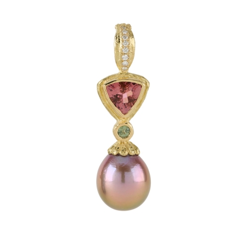 Faceted Tourmaline, Green Sapphire and Diamonds with Freshwater Pearl Drop Pendant