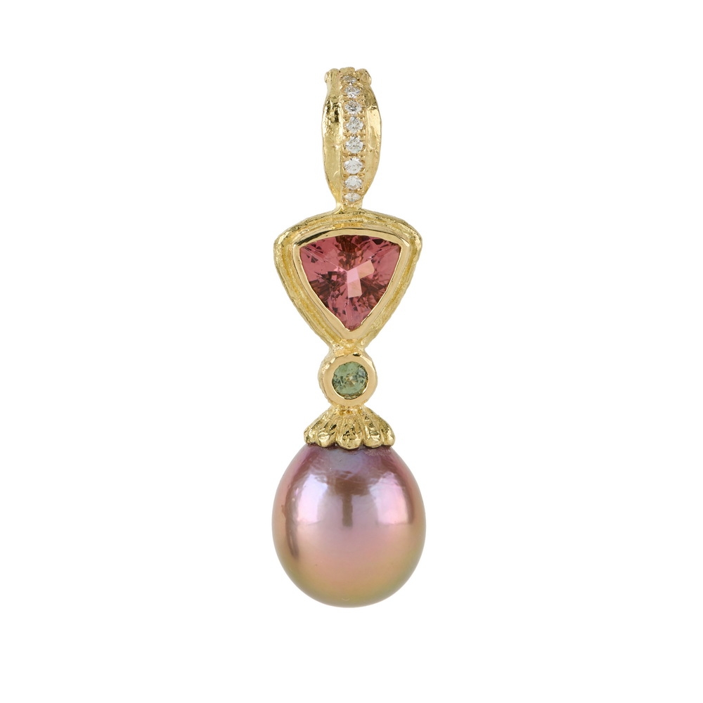 Faceted Tourmaline, Green Sapphire and Diamonds with Freshwater Pearl Drop Pendant D-1508-17769,_Dia,_Fac_Pink_Tourm_Green_Sapphire_Pendant_w_FW_Water_Pearl_Drop.jpg