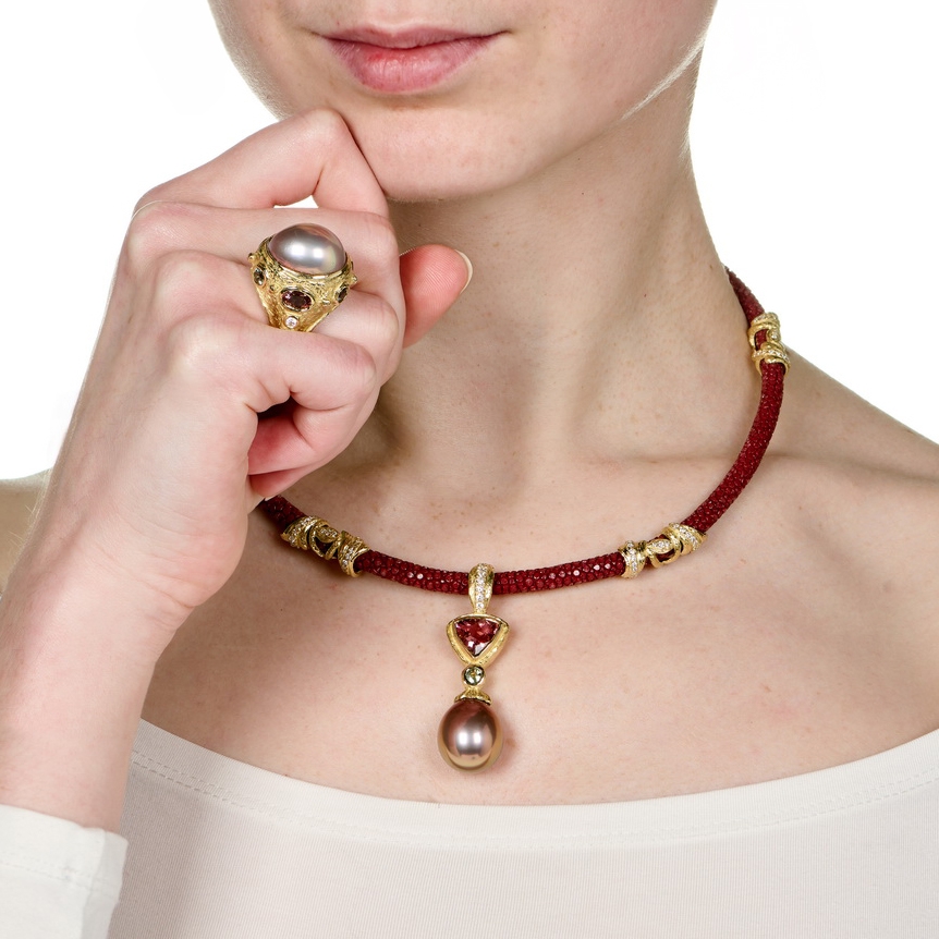 Faceted Tourmaline, Green Sapphire and Diamonds with Freshwater Pearl Drop Pendant D-1508-17769_on_N-2511,_R-1764-17770_on_model.jpg