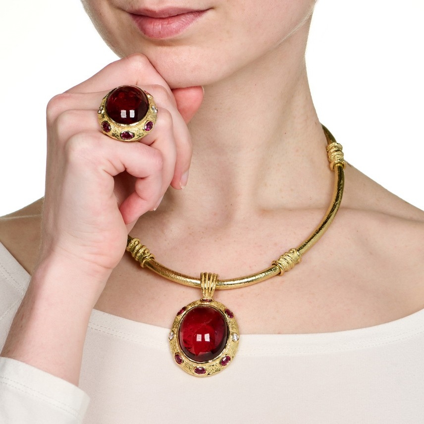 Cabochon Rubellite, Faceted Pink Tourmaline and Diamond Pendant D-1509-17774_on_N-1495_R-1765-17775_on_model.jpg