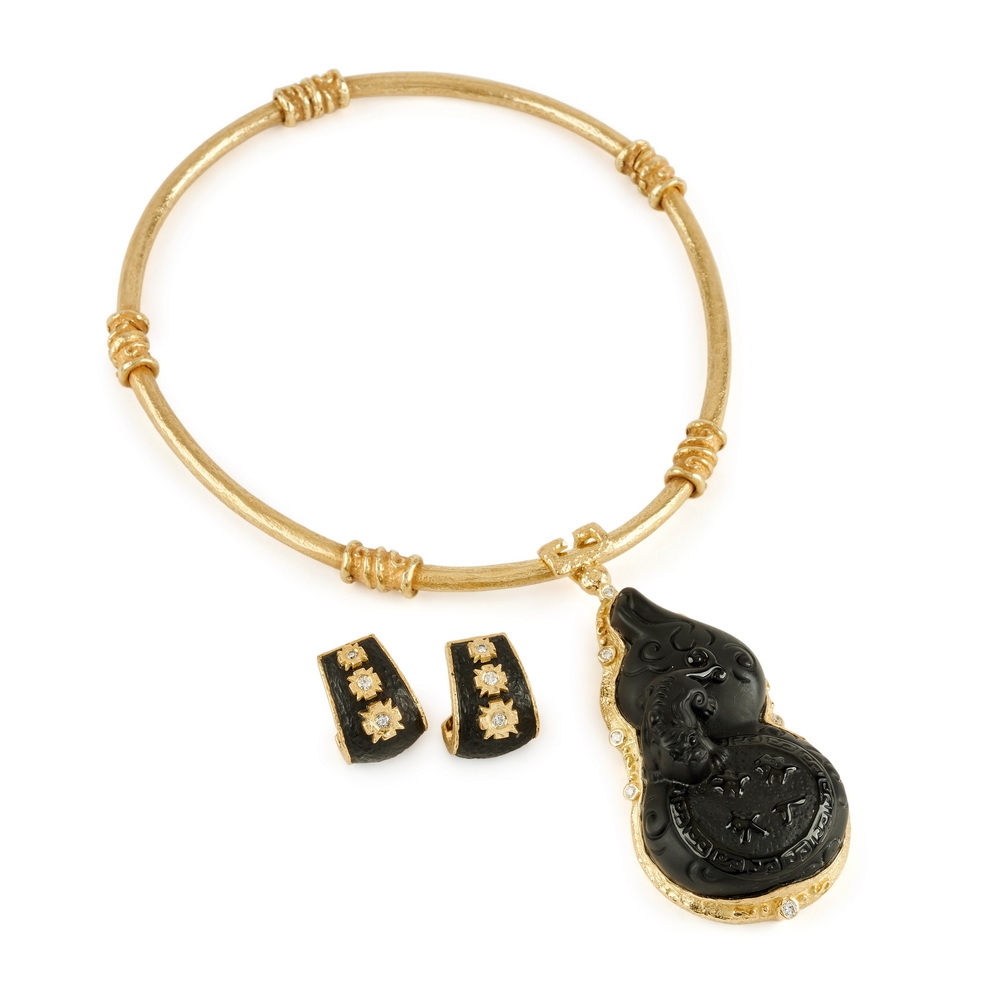 Large Carved Obsidian and Diamond Pendant E-1324,_D-1386-15419_N-1494_Med_Diez_Loops_in_Jet_and_Dia,_Lg_Obsidan_and_Dia_Pendant_on_Neck_Ring.jpg