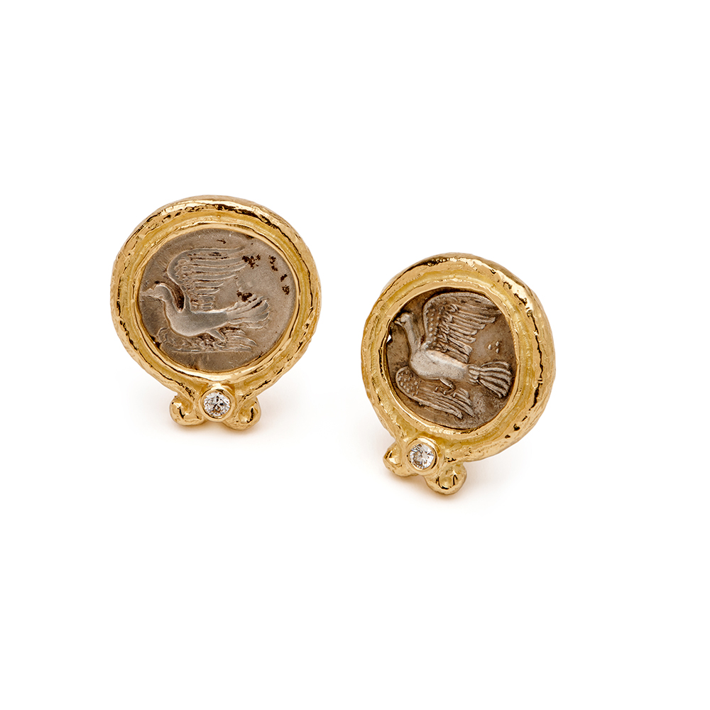 Ancient Silver Coin and Diamond Earrings