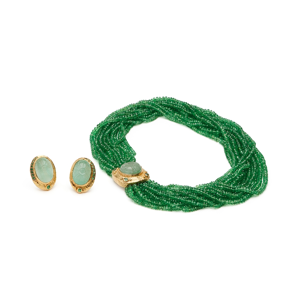 Faceted Tsavorite Bead Necklace with Carved Emerald & Diamond Clasp E-1398-10295_N-1686-10375_18k_yg_Carved_Light_Green_Emerald_and_Tsavorite_Earrings_and_Necklace1.jpg