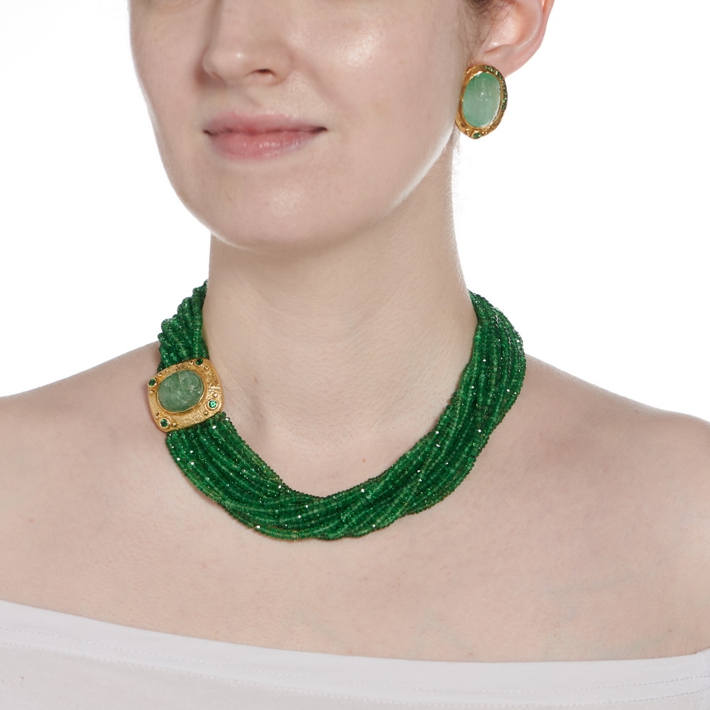 Faceted Tsavorite Bead Necklace with Carved Emerald & Diamond Clasp E-1398-10295_N-1686-10375_on_model1.jpg