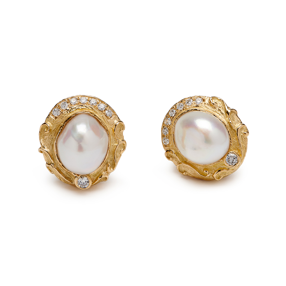Baroque White Pearl and Diamond Earrings