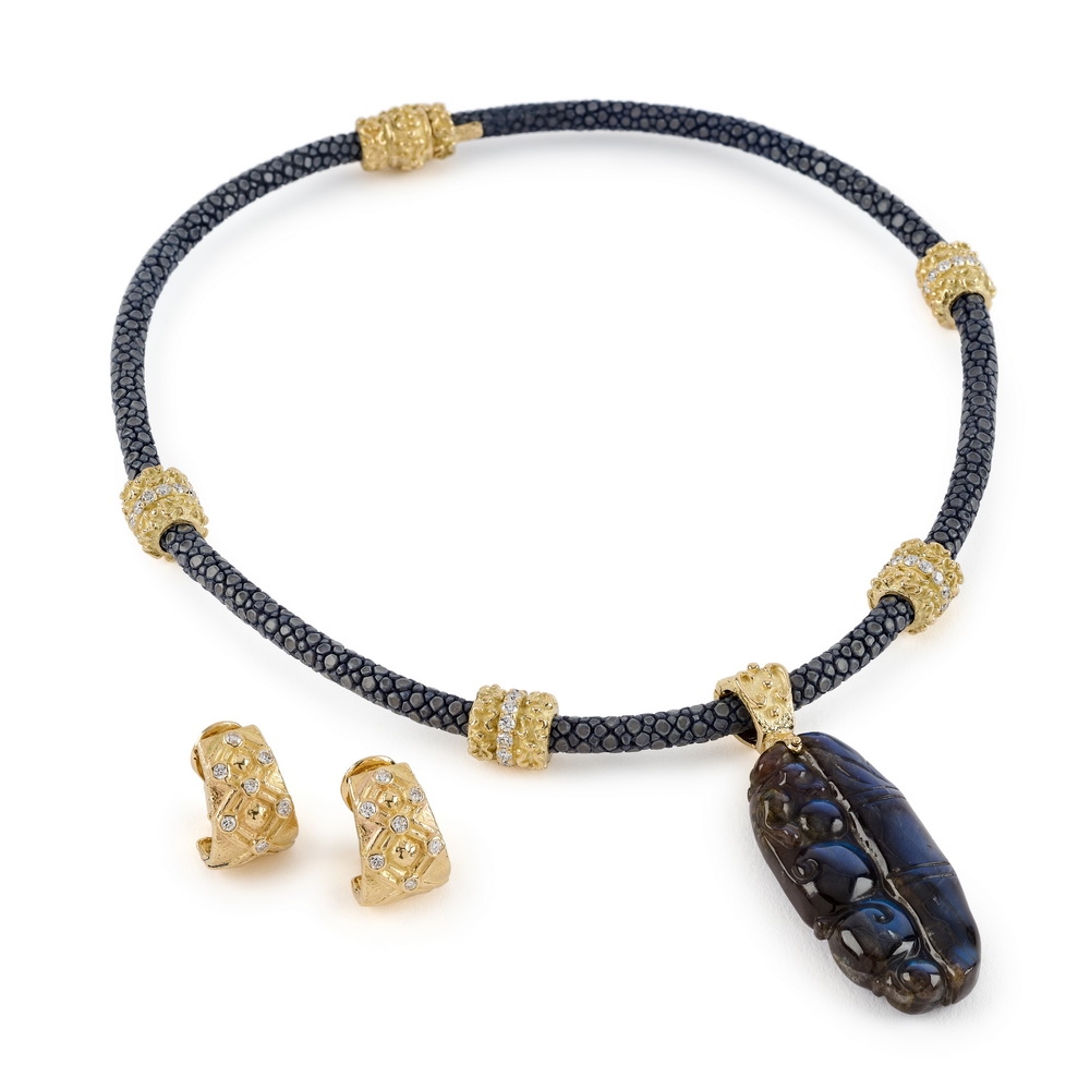 Labradorite Carved Pendant E-1677,_D-1493-17308_on_N-1712,_Sm_“Kayla”_Loops_w_Dias,_Labradorite_Carved_Pendant_w_Med_“Chinati”_Bail_on_“Lapis”_Stingray_Neck_w_Dia_Dbl_“Laura”_Rondelles.jpg