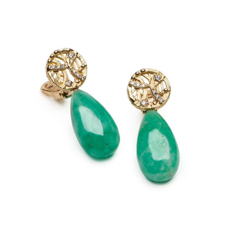 "Vanderbilt" Diamond Earrings with Emerald Dangles