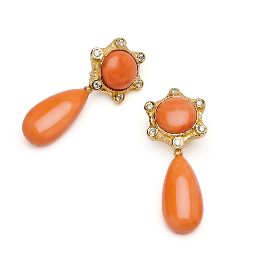 Coral Drop Earrings with Diamonds