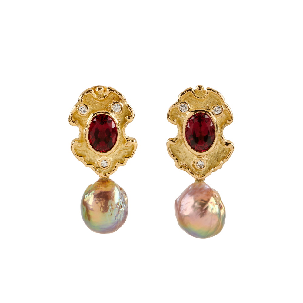 Rubellite and Diamond Shield Earrings