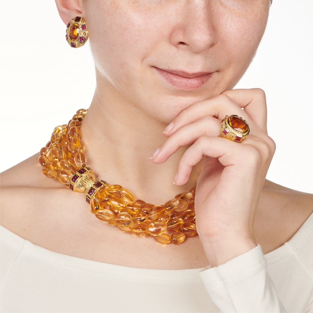 Multi-Strand Tumbled Citrine Bead Necklace with Nigerian Pink Tourmaline E-1712-15574,_N-2195-15601_R-1618-15574_on_model1.jpg