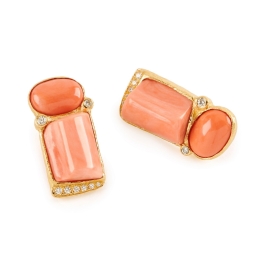 Diamond and Pink Coral Cabochon Earrings