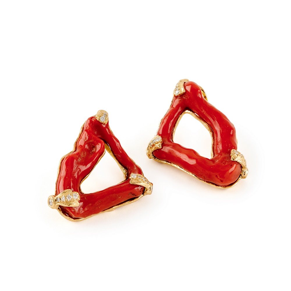 Diamond and Red Coral "Knot" Earrings