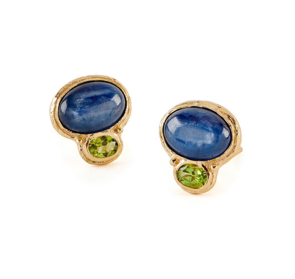 Kyanite Cabochon and Faceted Peridot Earrings