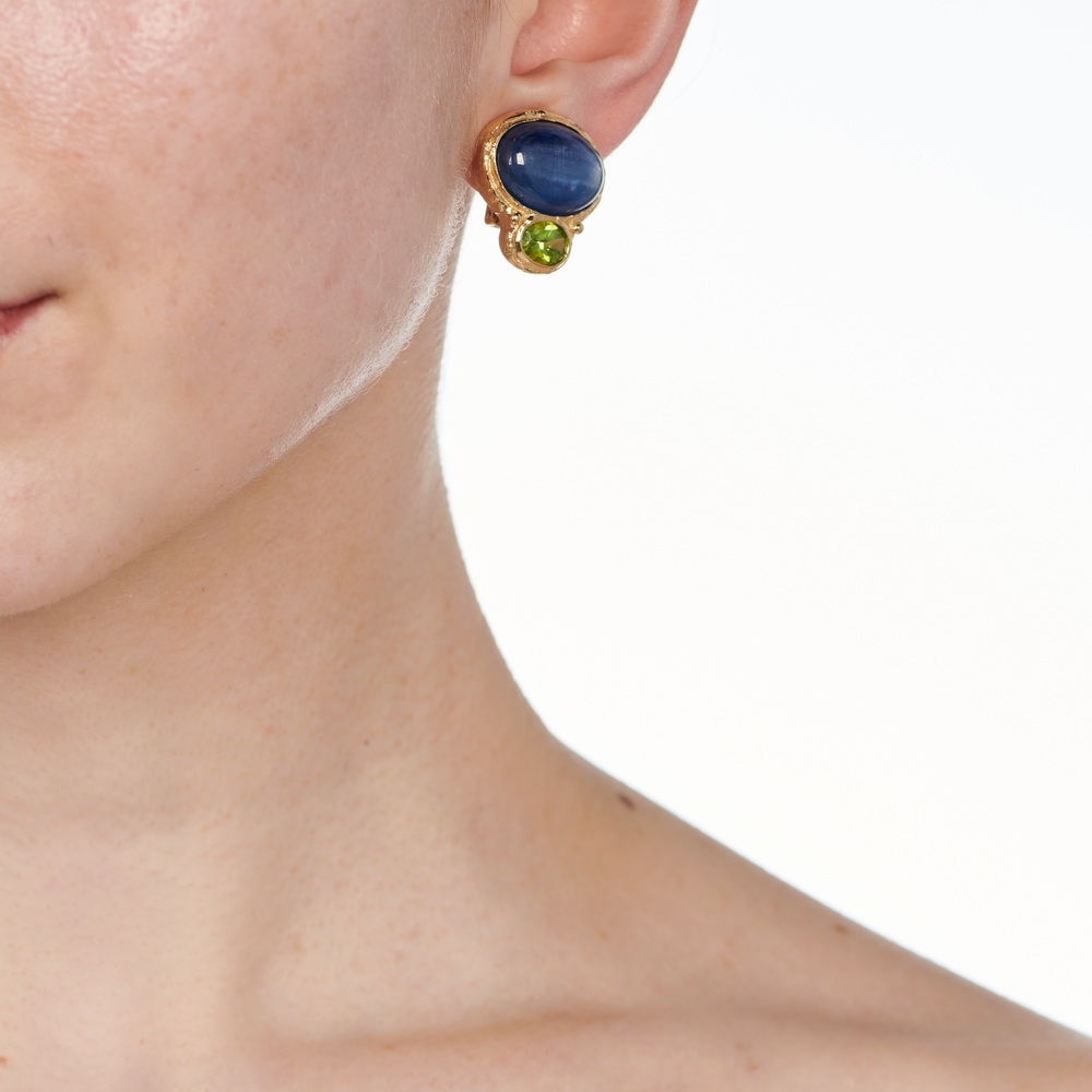 Kyanite Cabochon and Faceted Peridot Earrings E-1739-15800_on_model.jpg