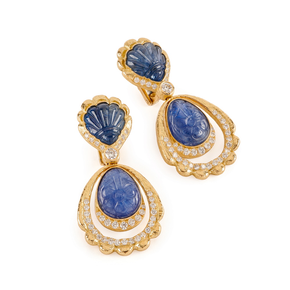 Carved Unheated Sapphire and Diamond Dangle Earrings