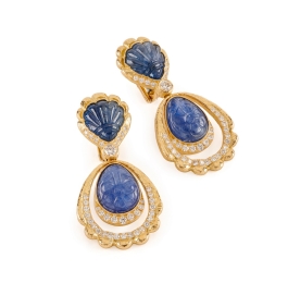 Carved Unheated Sapphire and Diamond Dangle Earrings