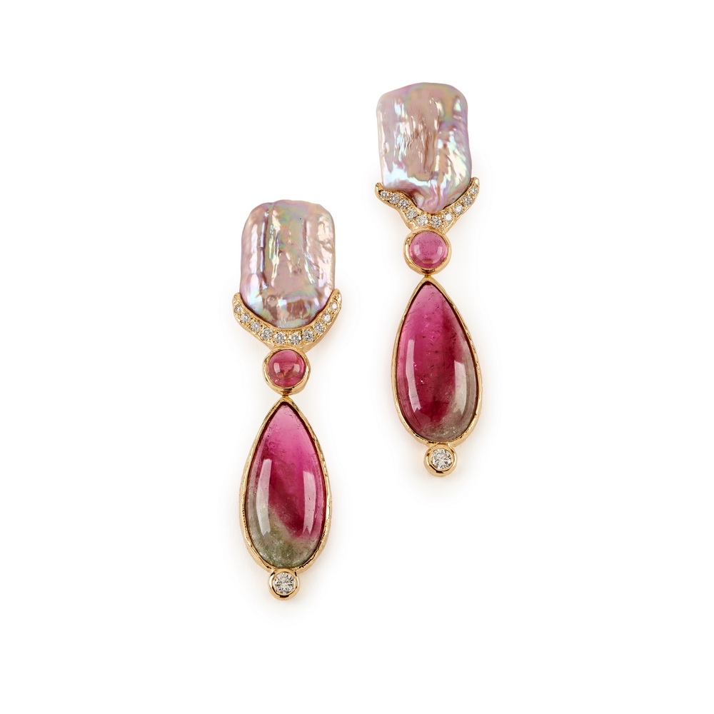 Tourmaline, Freshwater Pearl, and Diamond Drop Earrings E-1757-16160,_Pink_and_Bicolor_Tourmaline,_Metallic_Pearl_Dia_Drop_Earrings.jpg