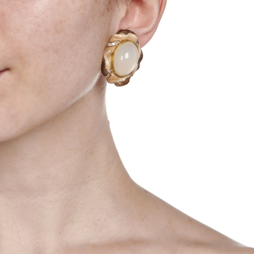 Cabochon White Sheen Moonstone, Bicolor Petrified Wood and Cognac Diamond Earrings E-1771-16140_on_model.jpg