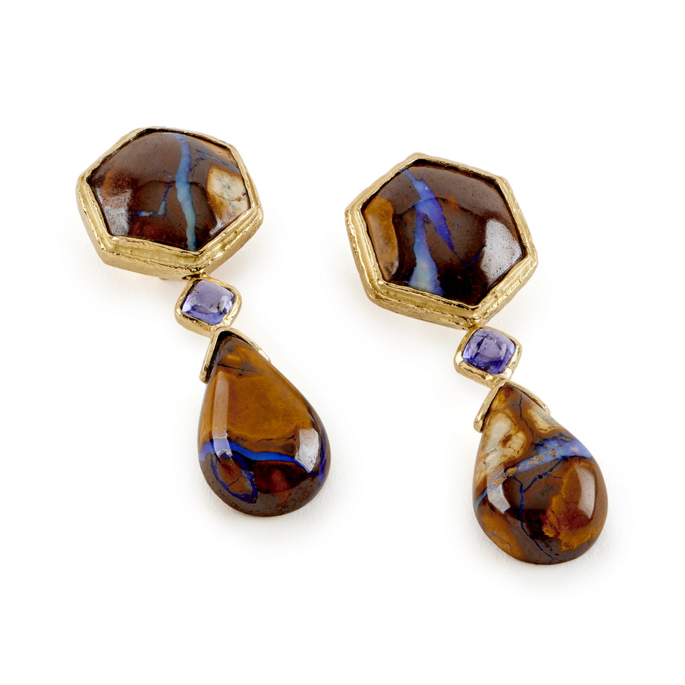 Boulder Opal and Cabochon Tanzanite Dangle Earrings