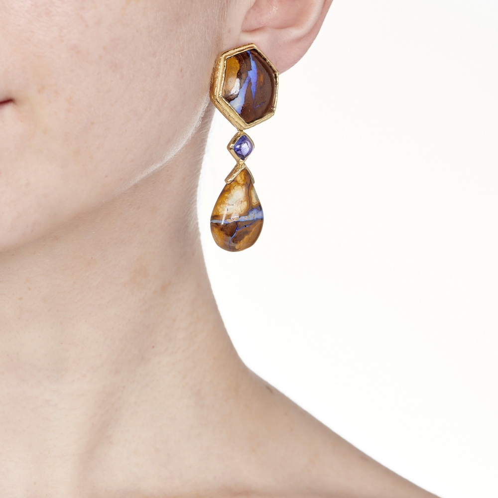 Boulder Opal and Cabochon Tanzanite Dangle Earrings E-1827-16503_on_model.jpg