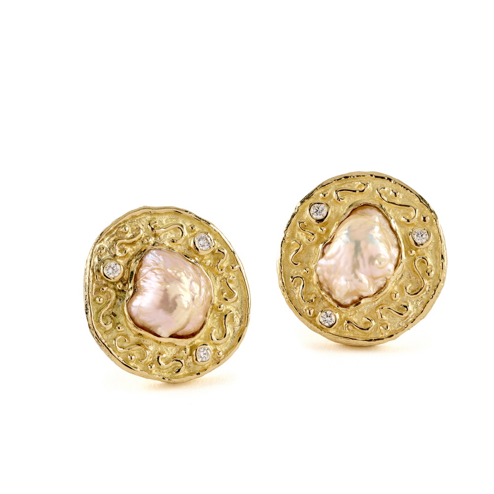 Diamond and “Rose Bud” Freshwater Pearl Earrings