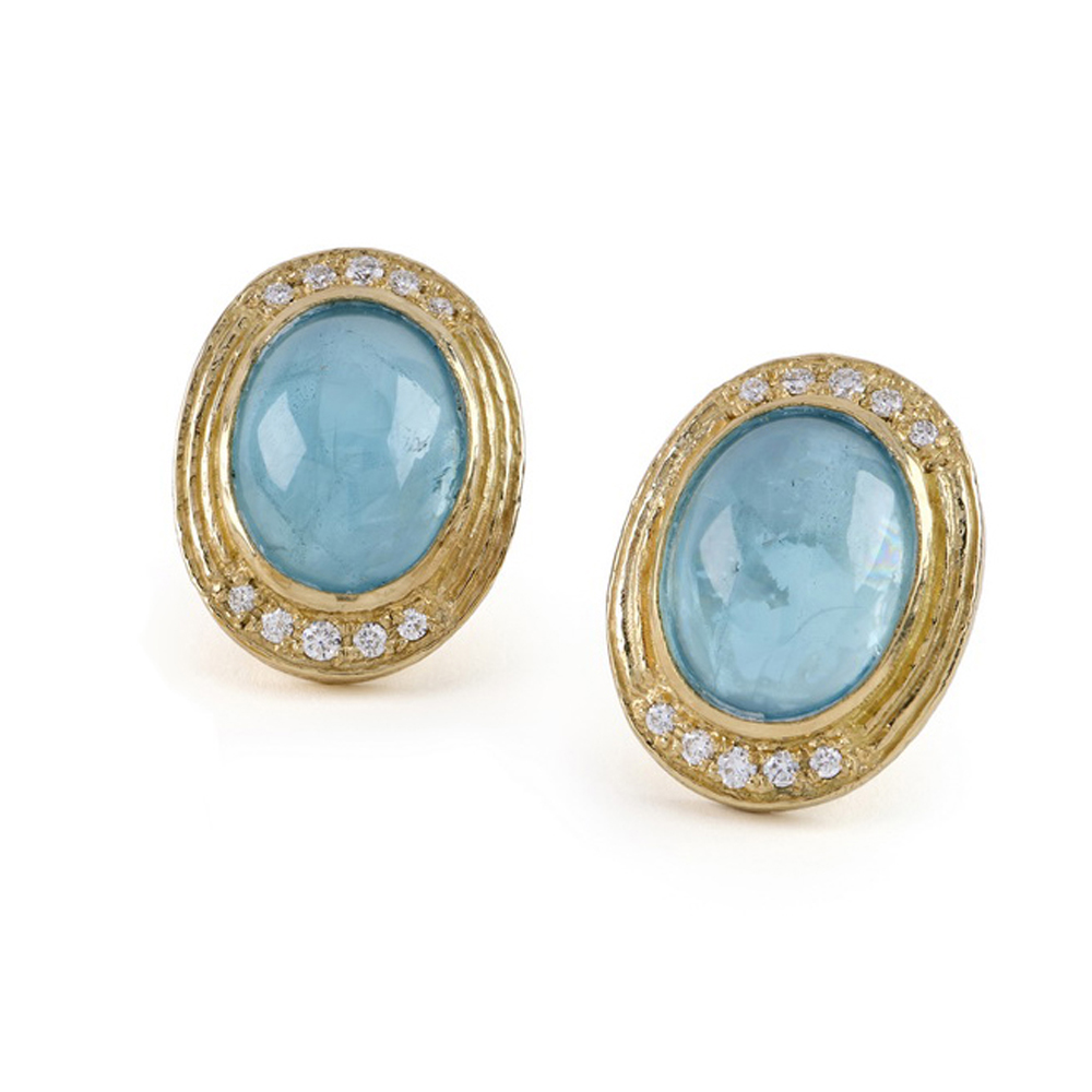 Cabochon Aquamarine Earrings with Diamonds