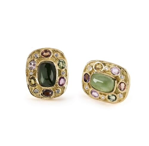 Two-Color Green Tourmaline, Multi Color Sapphire and Diamond Earrings