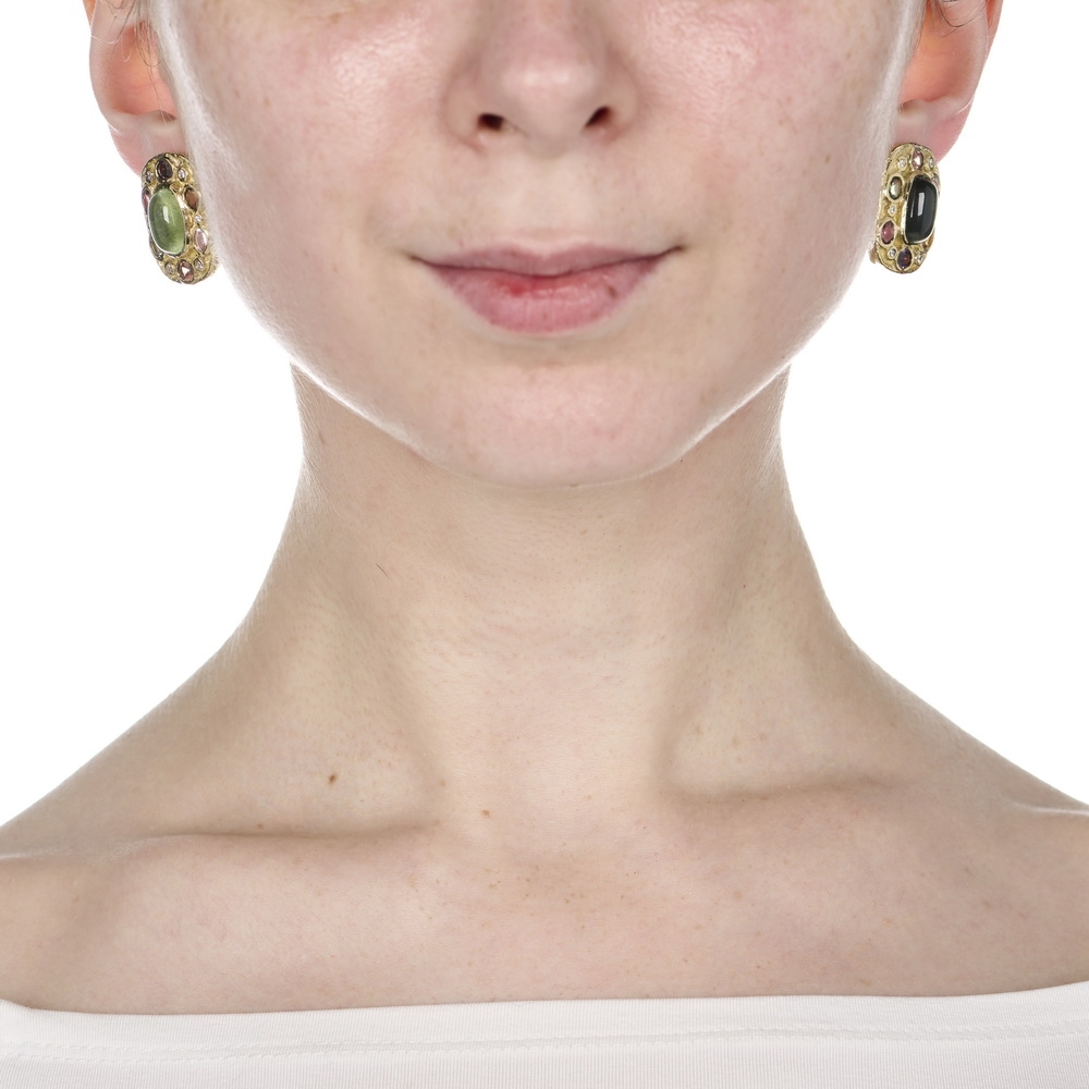 Two-Color Green Tourmaline, Multi Color Sapphire and Diamond Earrings E-1849-17019_on_model.jpg