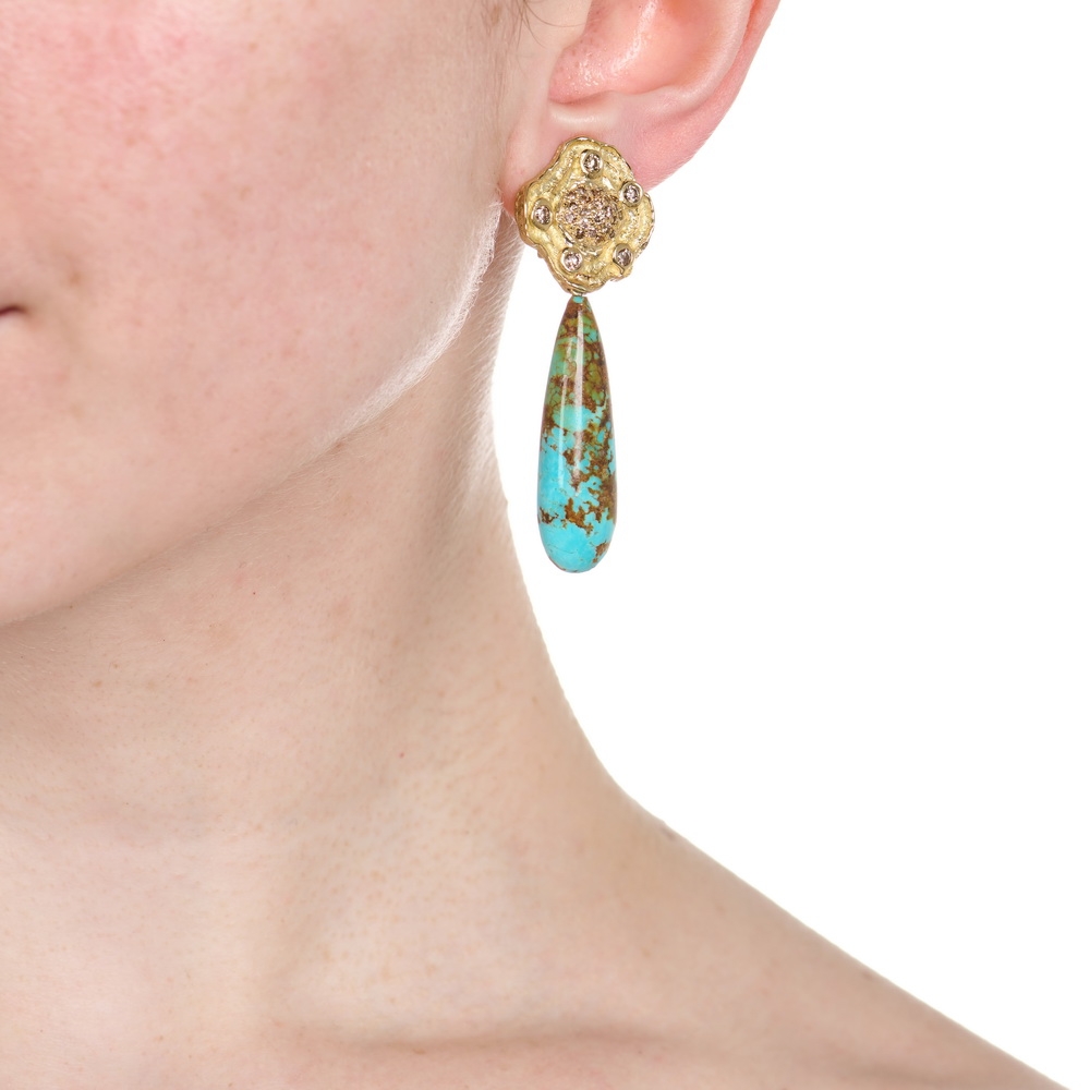 Medium Cognac Wave Earrings with Briolette Turquoise Drops E-1863-17213_on_model.jpg