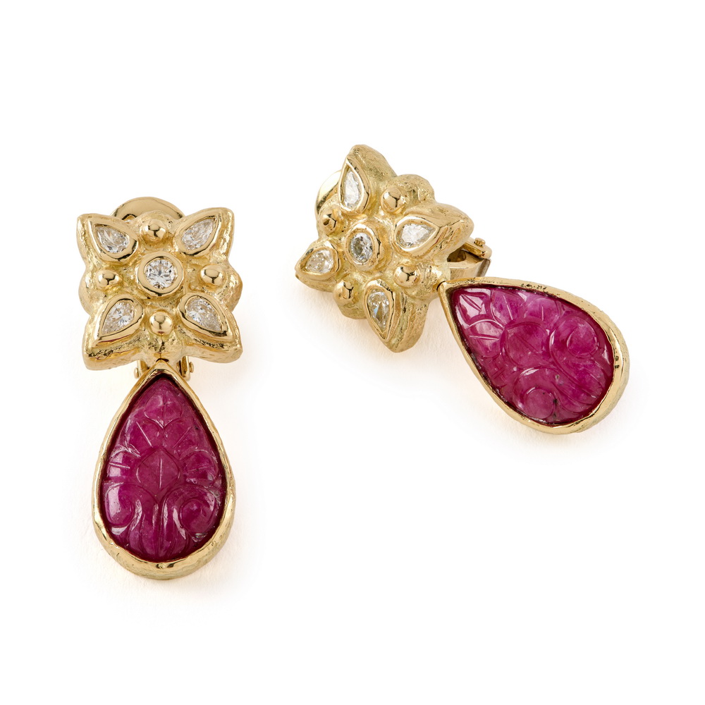 Carved Ruby and Diamond Earrings