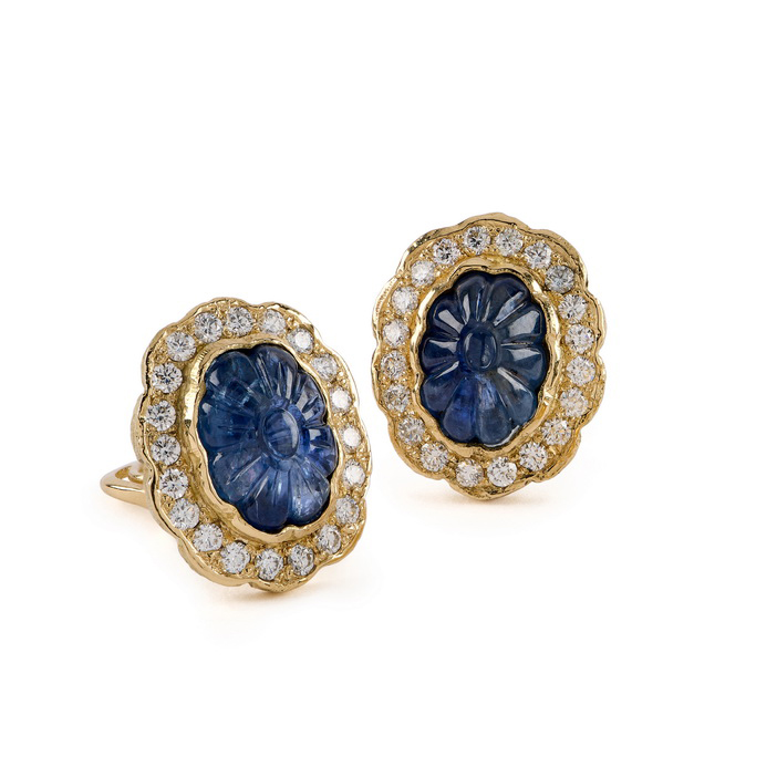 Carved Sapphire and Diamond Earrings