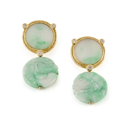 Jade and Diamond Earrings with Carved Jade Dangles