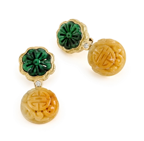 Pierced Spinach and Yellow Jade Carved Earrings, Depicting Symbols of Blessings and Longevity