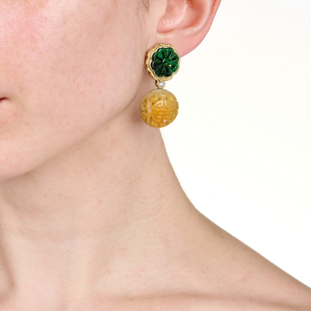 Pierced Spinach and Yellow Jade Carved Earrings, Depicting Symbols of Blessings and Longevity E-1898-17687_on_model.jpg